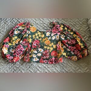 Zara Dark Green Floral Off-Shoulder Puff Sleeve Top